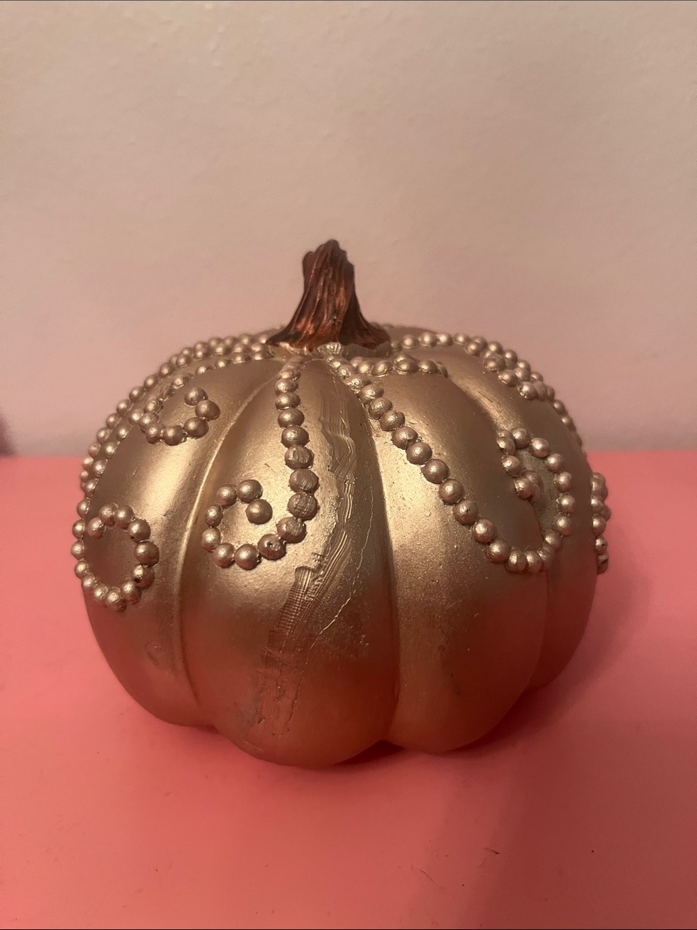 Metallic Rose Gold Beaded Pumpkin Holiday Accent